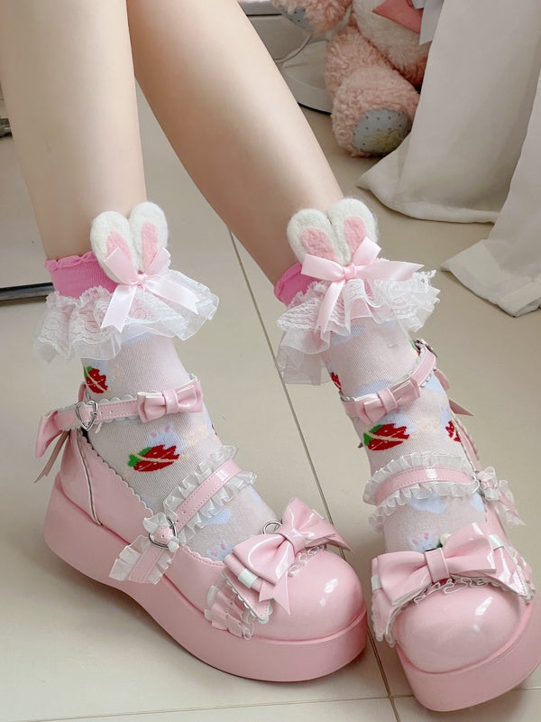 Pink Sweet Lolita Strawberry Print Bunny Ears Lace Trim Socks