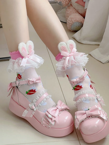 Pink Sweet Lolita Strawberry Print Bunny Ears Lace Trim Socks