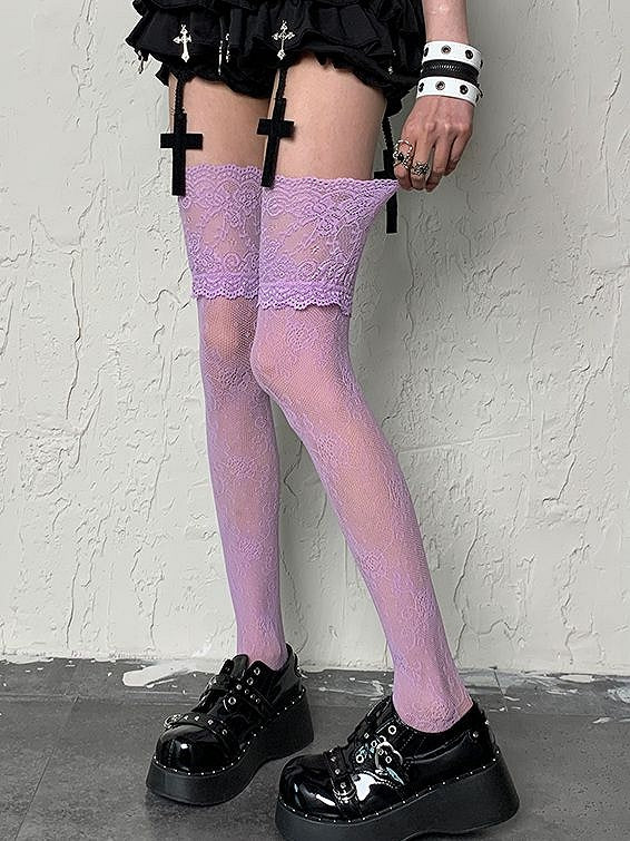 Stockings Y2K Lace Light Pattern Trim Purple Floral Overknee