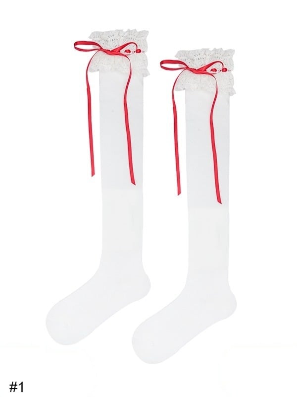 Lace Trim Overknee Stockings with Bowknot Details in 4 Options - ModaSwings