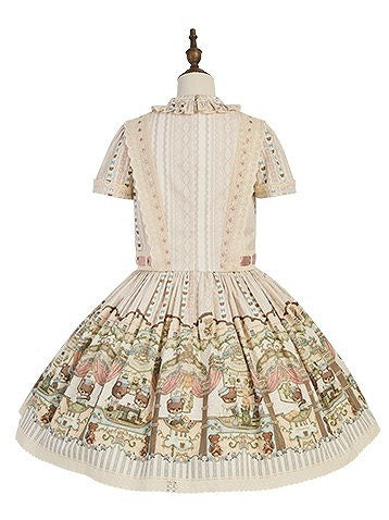 Sweet Dropped Dress Print Bear Ruffle Beige Lolita Waist Neckline