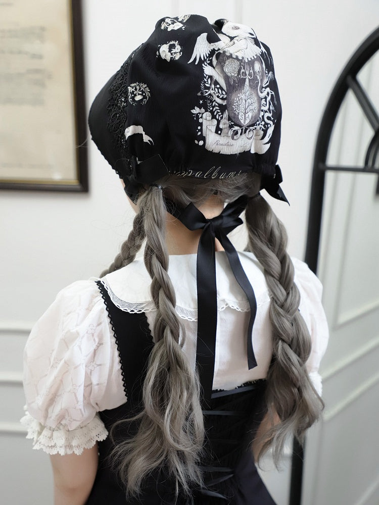 Bunny Bonnet Dark Lolita Print Schwarz