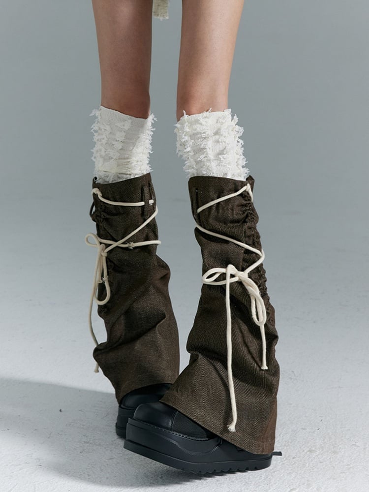 Leg Warmers with White Brown Punk Trim  Self-tie Straps