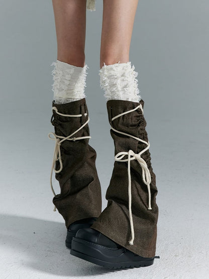 Leg Warmers with White Brown Punk Trim  Self-tie Straps