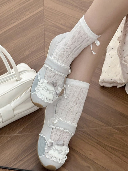 Sneakers Flat with Sweet Bow Lace Edging Gray Decorative Lolita - Velcro Fastening Style