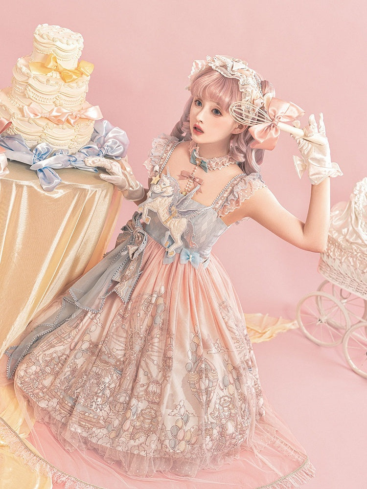 Amusement Park Themed Sleeveless Lolita Frock in Sweet Pink & Blue with Lace Choker - Xiong Dou Jiang