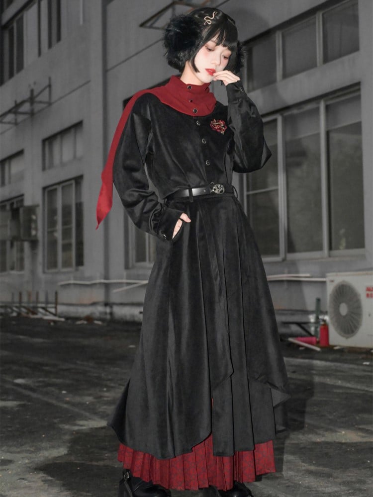 Double-Layer with Thicken/Thin Hem Print Cheongsam Red Pleated Black Snake Skirt Asymmetrical