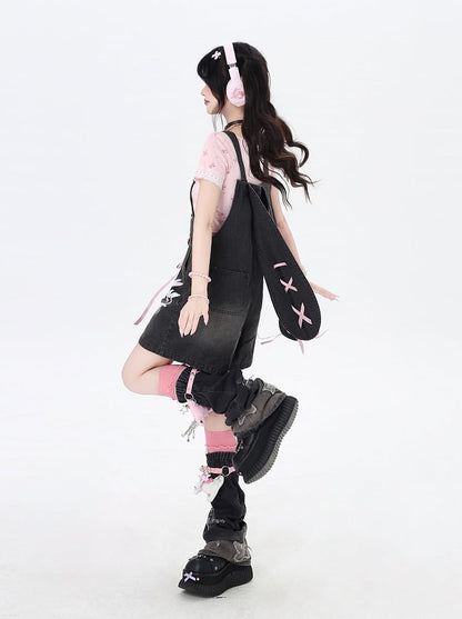 Black Bunny Ears Design Back Adorable Lace-up Denim Overall Shorts