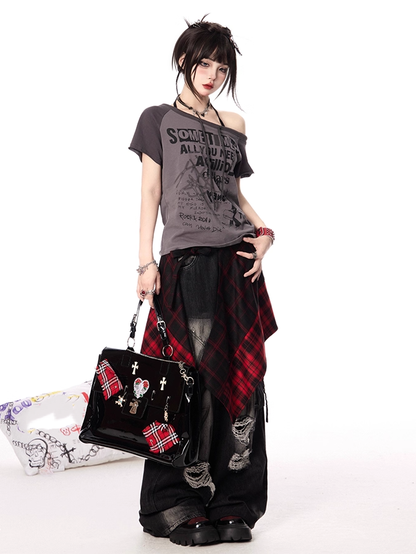 Neckline Gray/Apricot Design Graphic Colorblock Asymmetrical T-shirt Self-tie