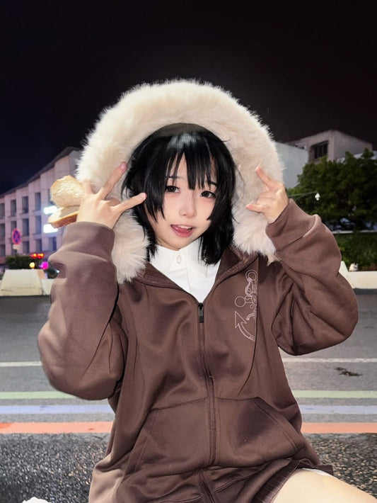 Necklace Fur-Collar Casual Starfish Anchor-Print Hoodie with Jirai Kei Zip Coffee