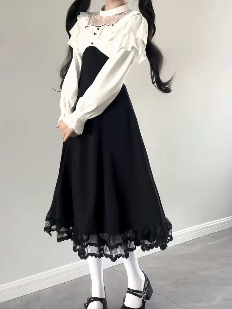 Long-Sleeve Design Dress Panel White Jirai Kei Ruffled Lace Black