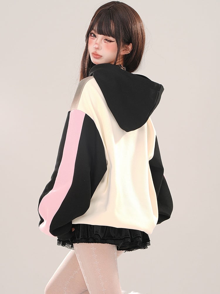 Black Cartoon Girl Colorblock Sleeves Zip Hoodie