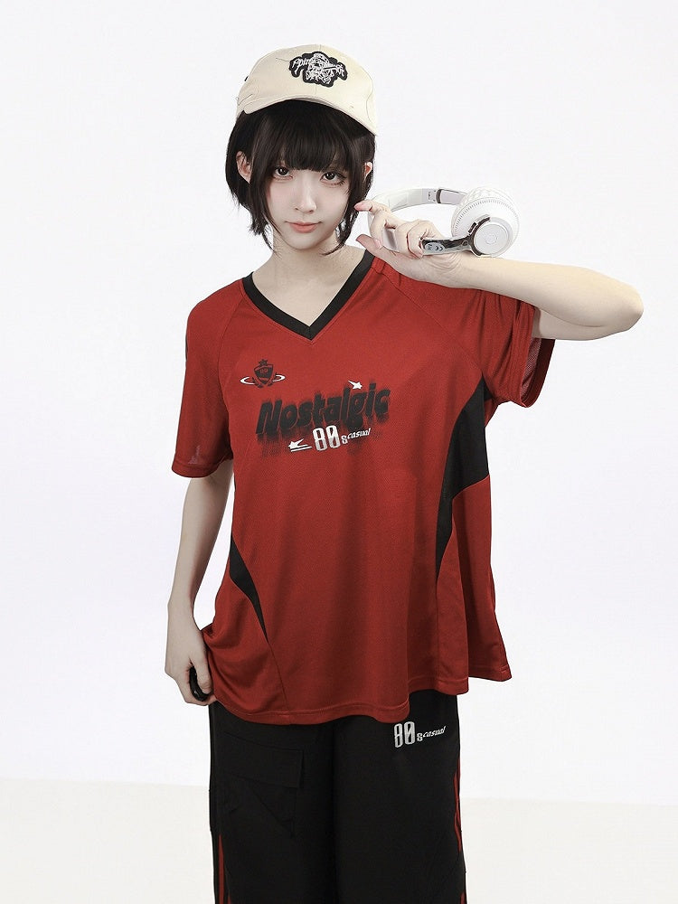 Athletic Red & Black V-Neck Tee with Letter Graphic