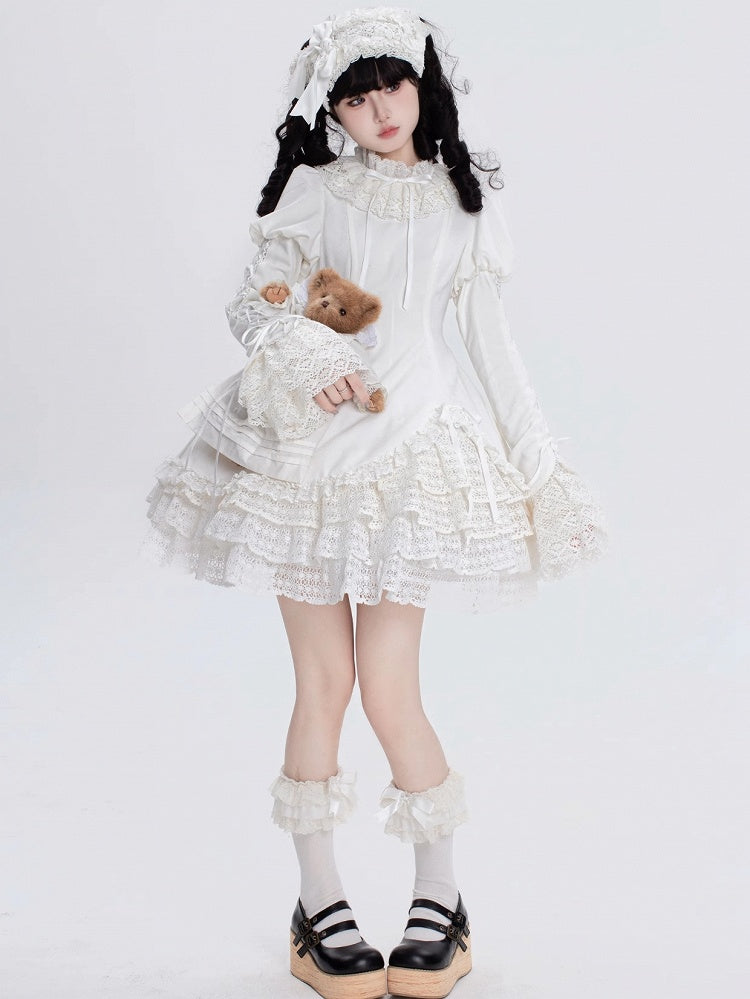 All White Ruff Collar Old School Long Sleeves Shiro Lolita Dress