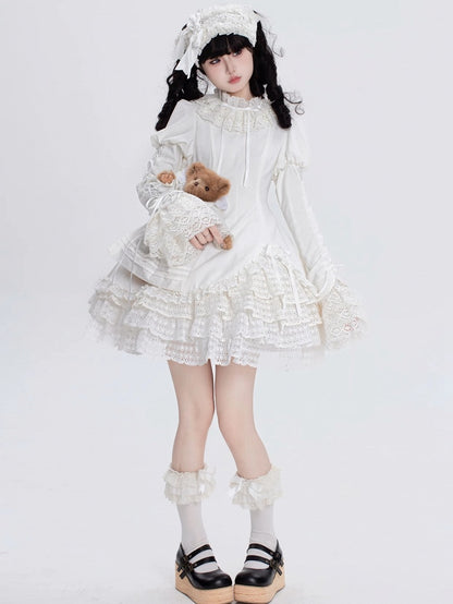 All White Ruff Collar Old School Long Sleeves Shiro Lolita Dress