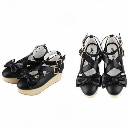 in Sole Lolita Bow Mary Design Crisscross with PU Grain Sweet - Black Wood Janes Accents