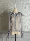 Bluse halbtransparent graue Ärmel lange silberne Schleifen