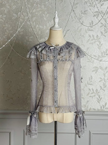 Blouse Semi-sheer Gray Sleeves Long Silver Bowknots
