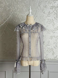 Blouse Silver Semi-sheer Sleeves Long Bowknots Gray