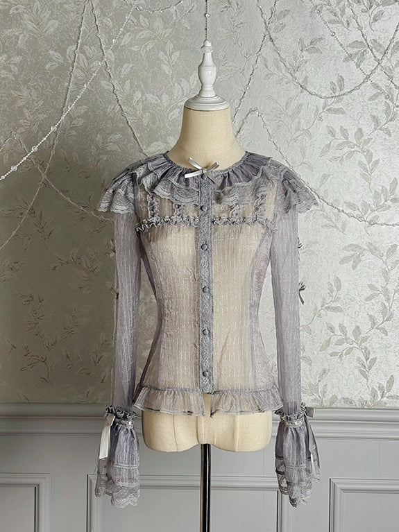Blouse Silver Semi-sheer Sleeves Long Bowknots Gray