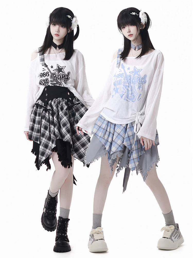 Plaid Skirt White /Black Frayed Handkerchief Hem Blue