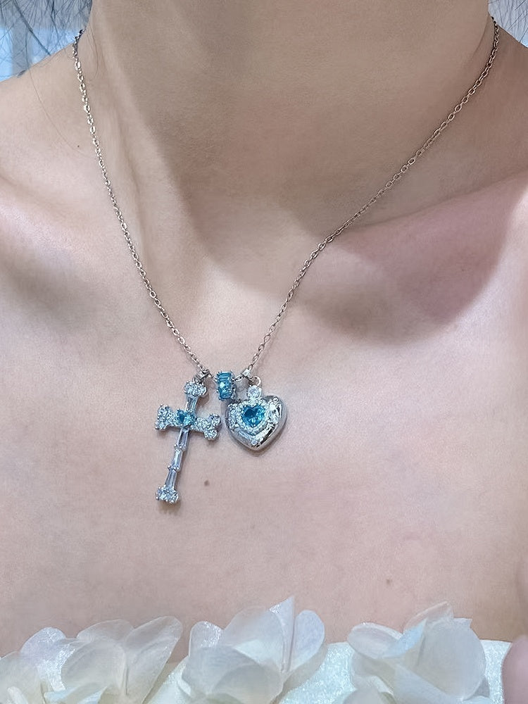 And Necklace Bittersweet Y2K Heart Cross Pendant Pink/Blue/Green Rhinestone