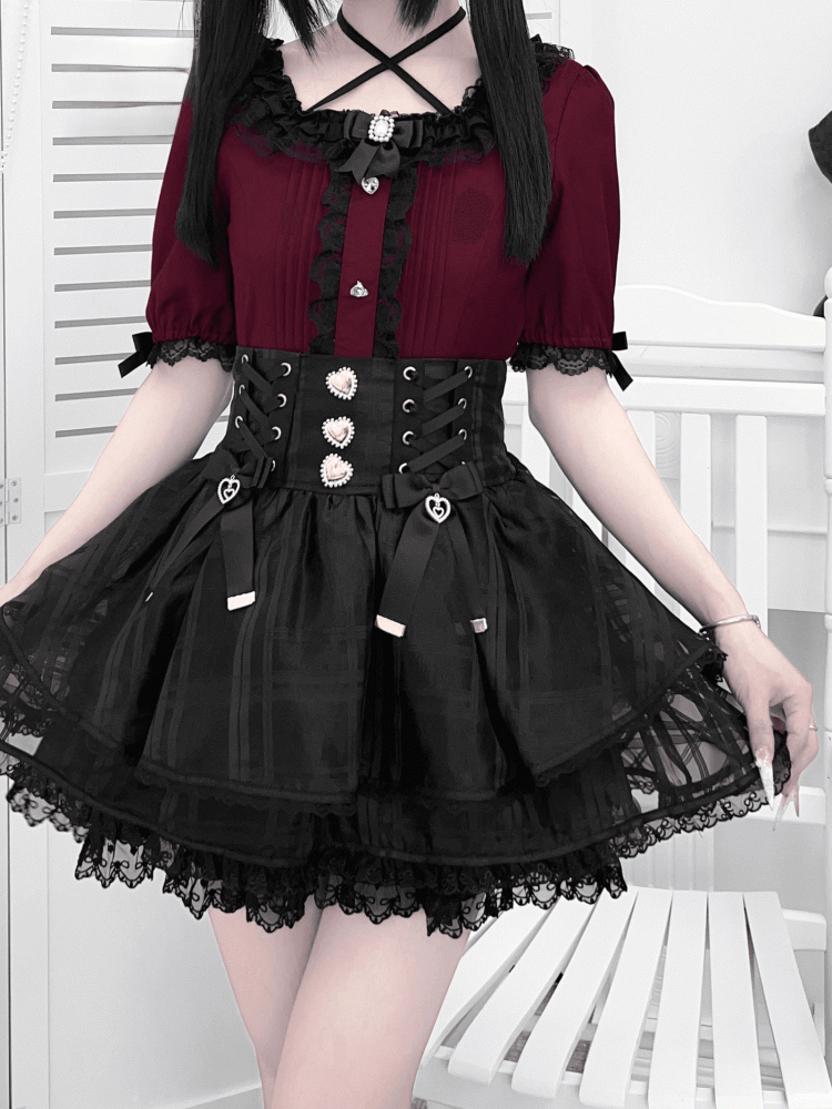 Wine Rhinestones Red Square Neckline Jirai Kei Blouse with Pleating Details  Heart