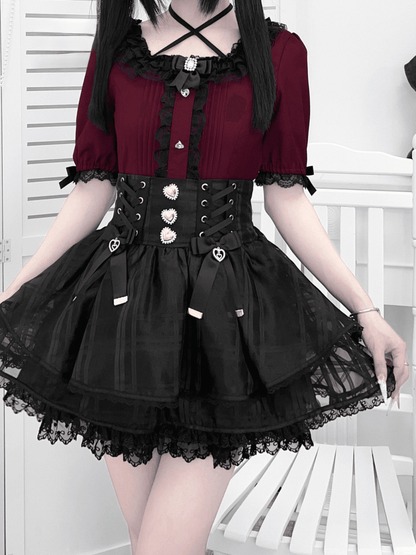 Wine Rhinestones Red Square Neckline Jirai Kei Blouse with Pleating Details  Heart