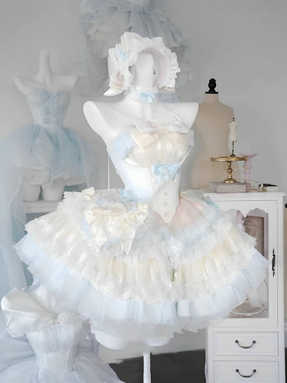 Süßes Lolita-Ballettkleid, blauer gestufter rosa Rock, gelbe Korsett-Taille