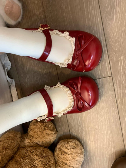 Wine Red Lolita Mary Jane Shoes with Bow and Lace - Rock Sugar Flower Roll