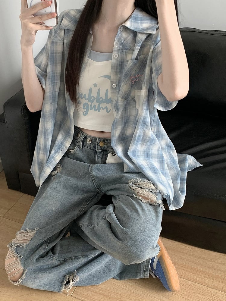 with Back Plaid Shirt Sleeves Short Blue Back Slit Bow Self-tie