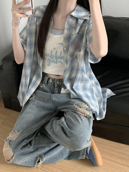 with Back Plaid Shirt Sleeves Short Blue Back Slit Bow Self-tie