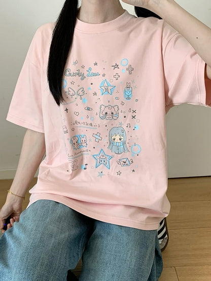 Pink Cartoon Print Cool Touch Short Sleeve T-Shirt - PINK SAVIOR