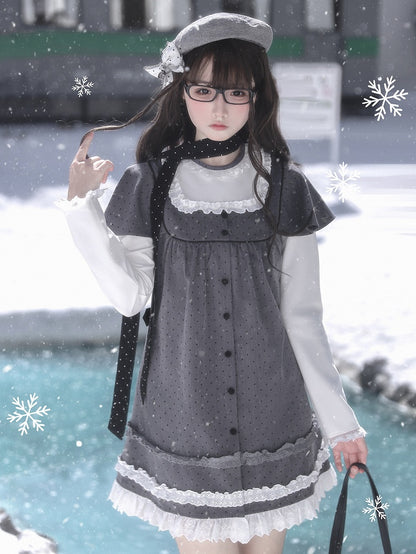 Dress Two-Piece Kei Dot Fake Sleeve Polka Jirai Ruffled Gray Long