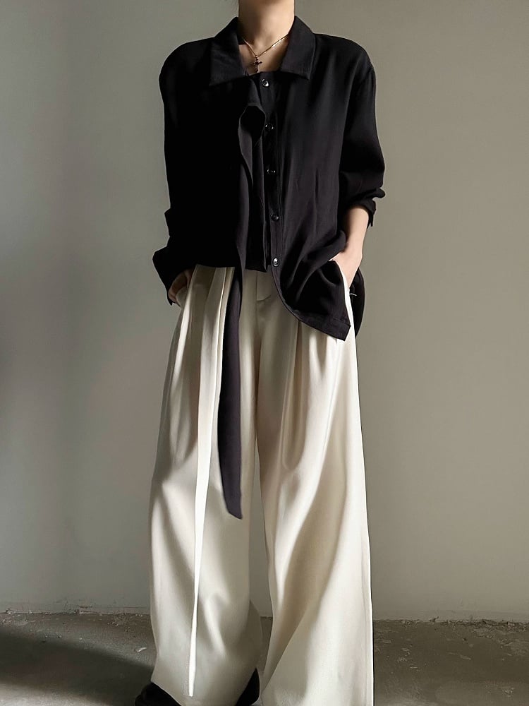 Loose Collar Lolita Draping Long Ouji Shirt Retro Black Pointed with Ribbon
