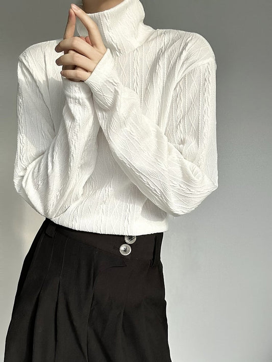 Cable Beige Knit with Ribbed Lolita Turtleneck Ouji Top Long-Sleeve