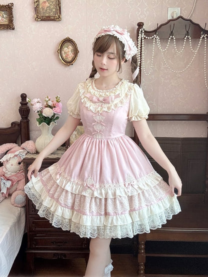 OP Stufen-Spitzenbesatz Hellrosa Süßes Lolita-Kleid Puffärmel Schleife