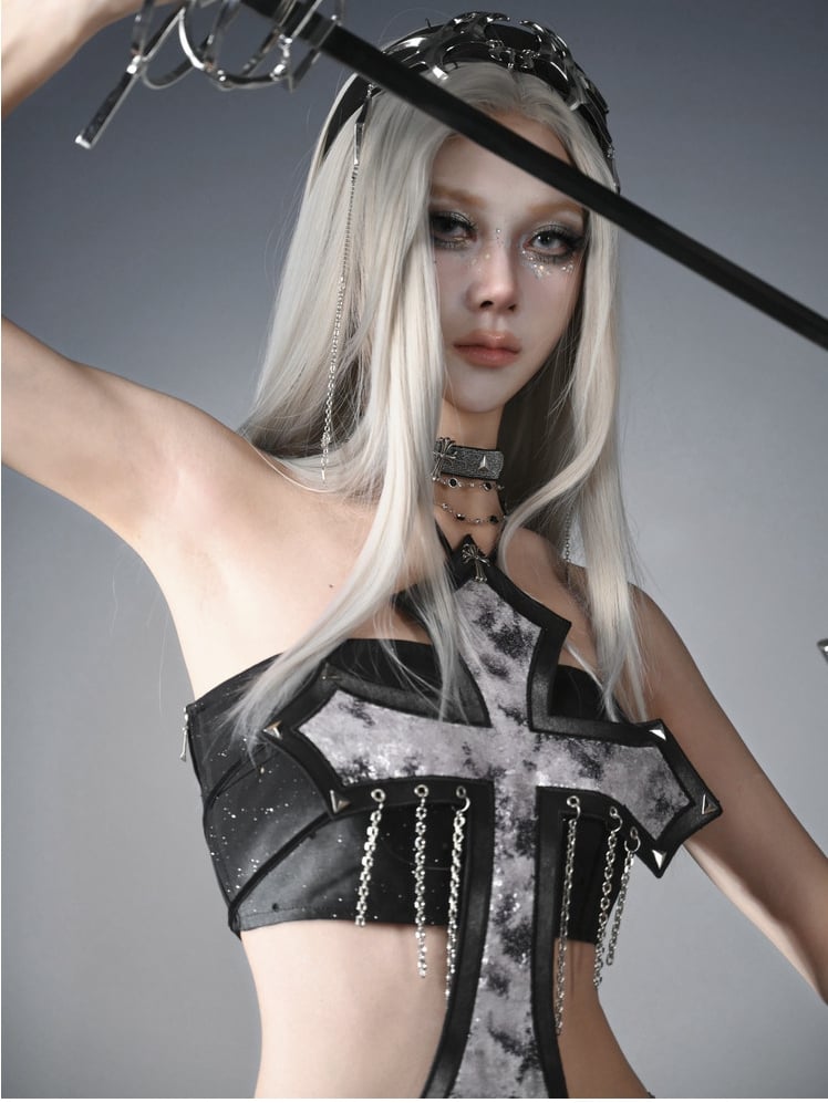 Decorated Cross Strapless Cyberpunk Top Fashion Y3K Chains Futuristic Black  Silver Sequins and