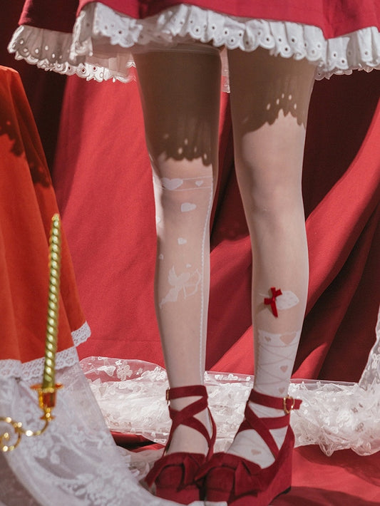 Black/White Bow Cupidand Heart Pattern Over Knee Stockings