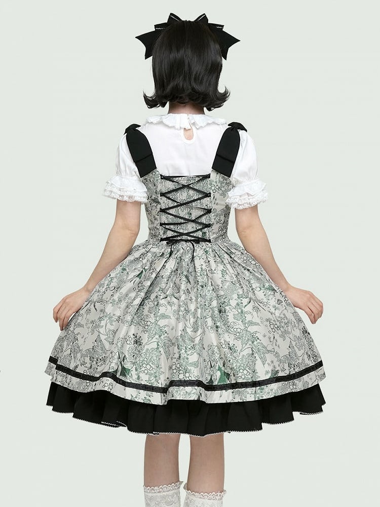 Basque Lolita Bust Jumper Skirt Under Waist Straps Shoulder Green Bowknot