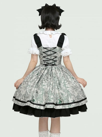 Basque Lolita Bust Jumper Skirt Under Waist Straps Shoulder Green Bowknot