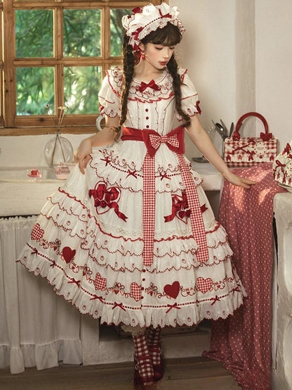 and Lolita Ruffles Applique Sweet White Dress Red Sweetheart with Bows