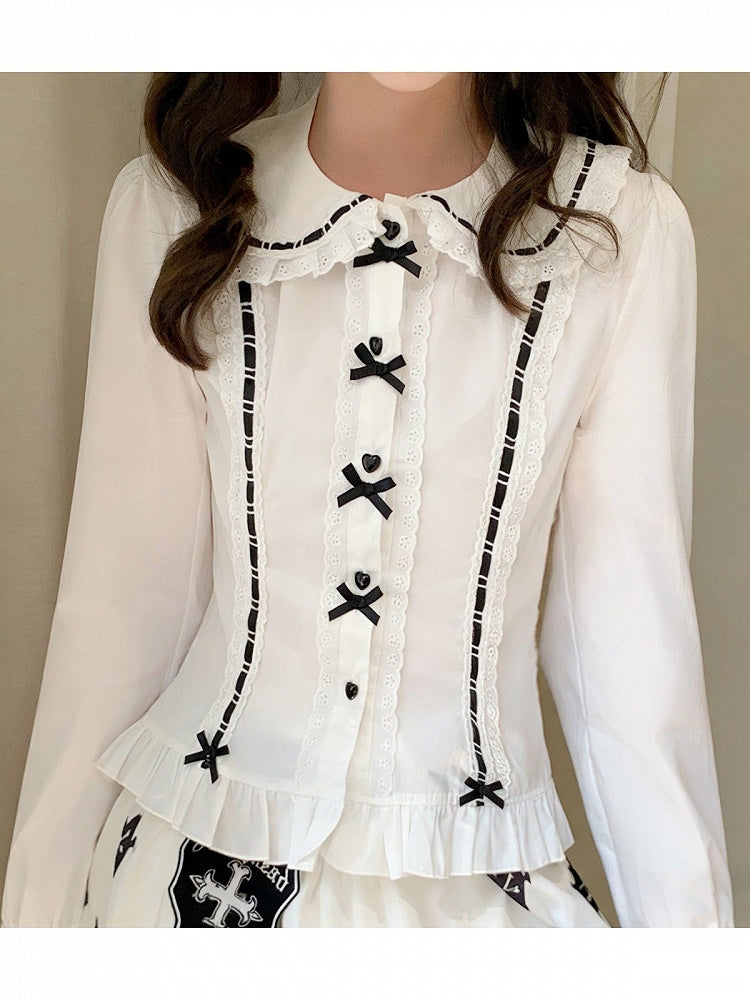 Black Heart Buttons Peter Pan Collar Blouse - Lan Jian Chuan