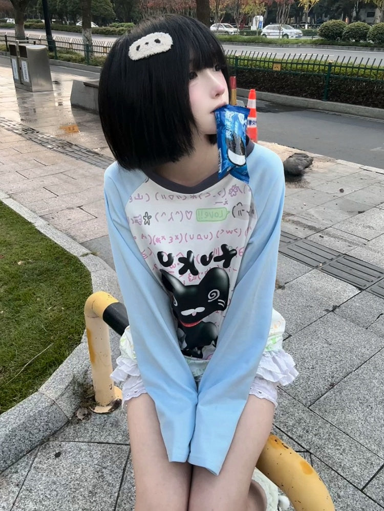 Blue and White Colorblock Long Sleeve Top with Cat Print