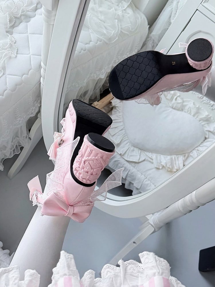 Strawberry Cream Theme Pink Lolita Shoes with Kawaii Heart & Bowknot Decor Heels - Cute Bunny