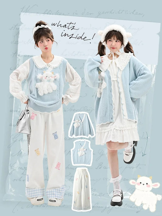 ゆめかわいいブルーのハート型ボタンカーディガン（ラムのぬいぐるみ付き）