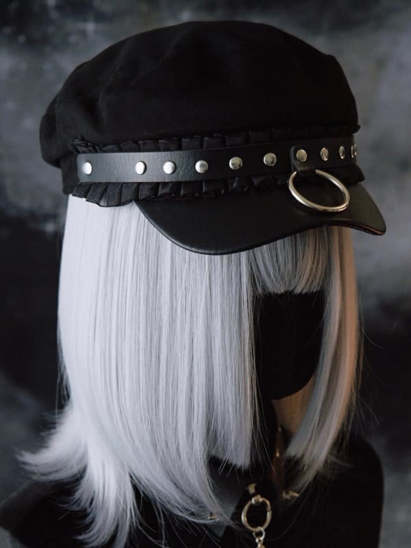 Studs Black Details Trim Ruffled Hat Beret Gothic
