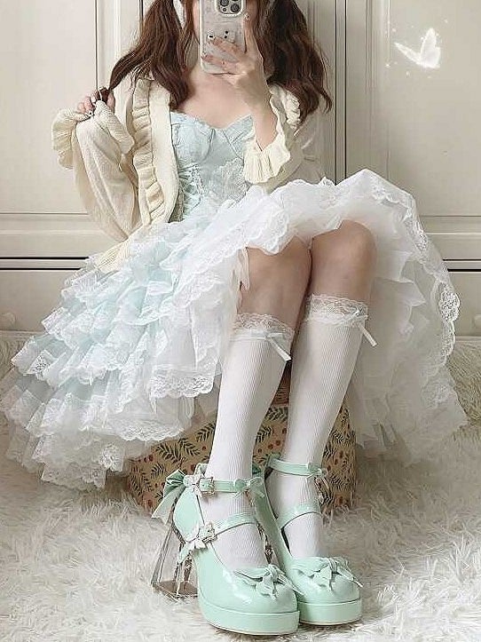Lolita Butterfly Janes Motif Rhinestones Light Hime Green with Sparkling Mary Polished