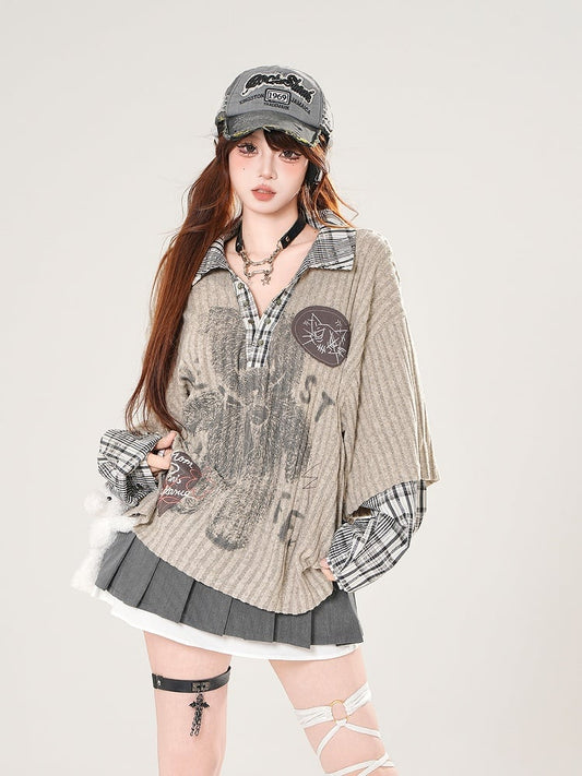 Plaid Print Bear Top: Beige-Gray with and Patchwork Knit V-Neck Preppy