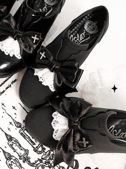 Black Velvet Gothic Bowknot High Heels Cross Lace - EvilStar